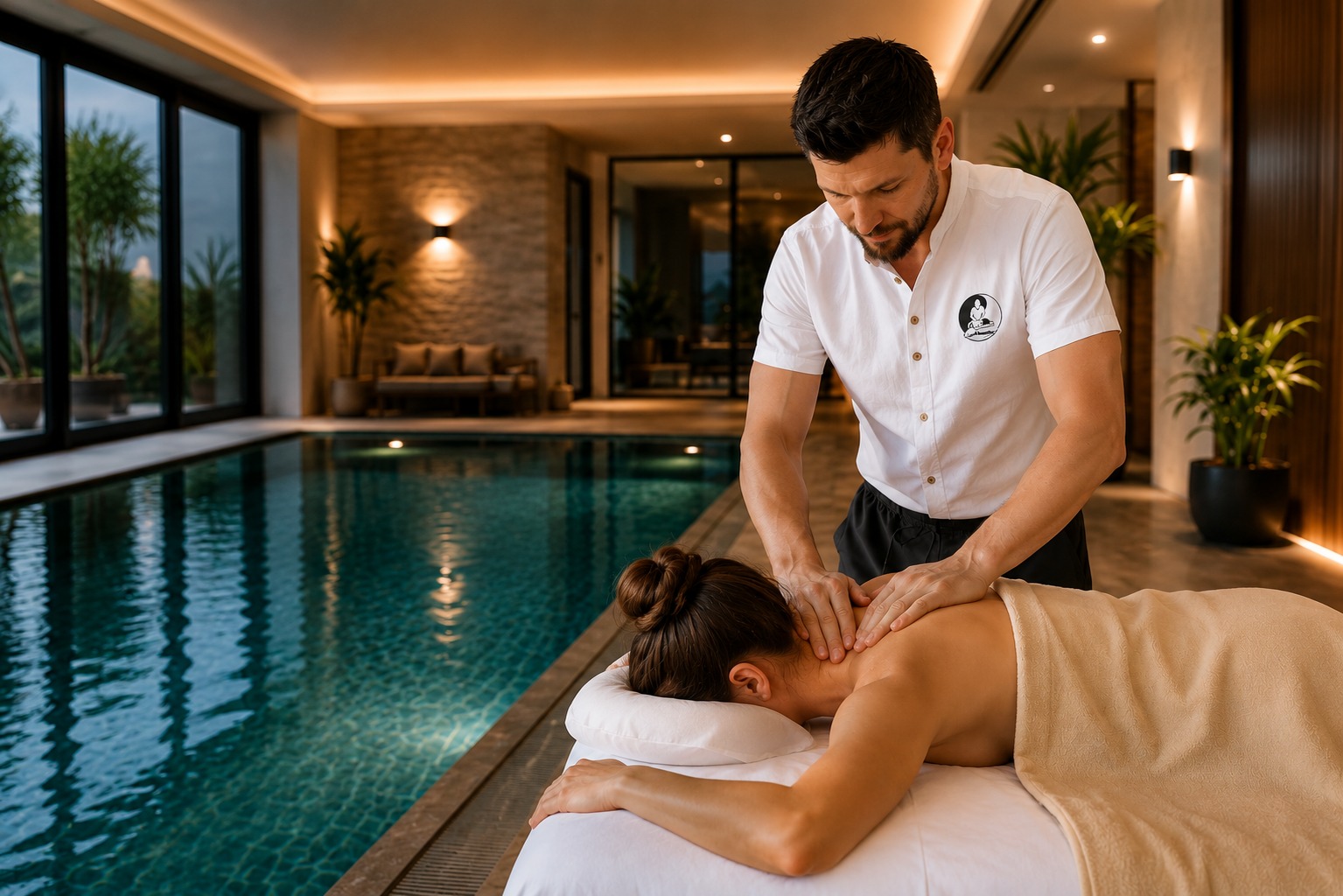 Mobiler Wellness-Masseur bereitet eine Massageliege in einer Berliner Wohnung vor